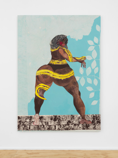 NATE THE SNAKE  2020  Digital print on canvas, fabric, stamped canvas, painted canvas, dyed, acrylic and hand-mixed pigments on canvas  213.5 x 152.5 x 4 cm / 84 x 60 x 1 1/2 inches