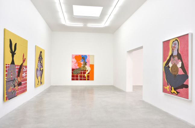 Installation view of paintings by Tschabalala Self