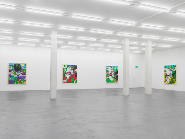 Installation view of Carroll Dunham painting and drawing exhibition