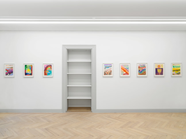 Installation view of Shara Hughes paintings and works on paper exhibition