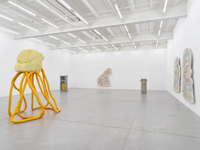 Installation view of Justin Matherly sculpture and wall relief exhibition
