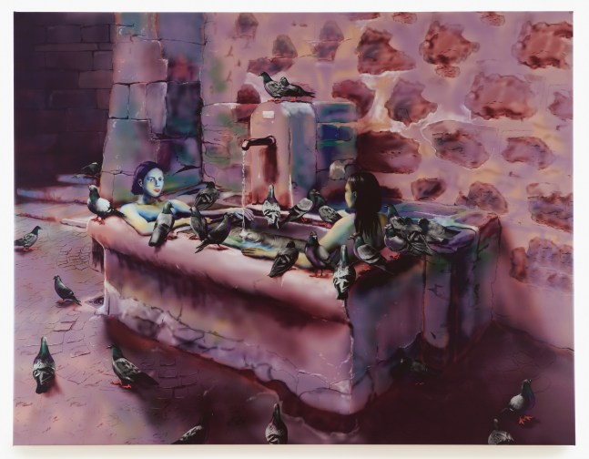 digital painting of people bathing in a fountain with pigeons by Louisa Gagliardi