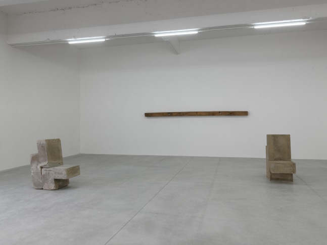 Installation view of sculptures by Oscar Tuazon