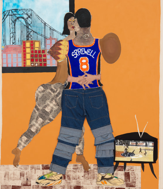 Painting by Tschabalala Self, Sprewell 2020 Fabric, painted canvas, silk, jeans, painted newsprint, paper, stamp, thread, photo transfer and acrylic on canvas
