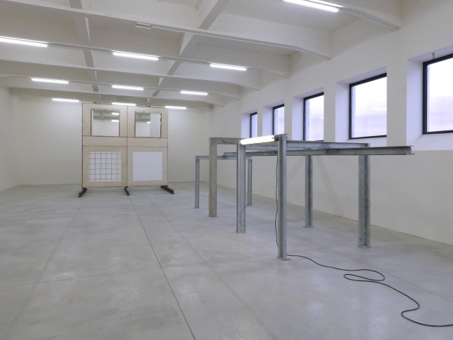 Installation view of sculptures by Oscar Tuazon