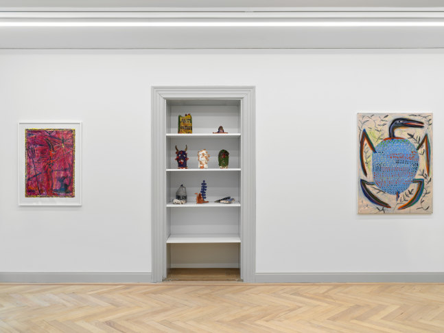 Installation view of Josh Smith paintings, monotypes, and ceramics exhibition
