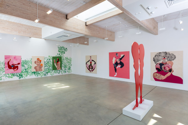 Installation view of paintings and sculptures by Tschabalala Self