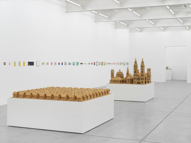 Installation view of Jean-Frédéric Schnyder paintings and cardboard sculpture exhibition