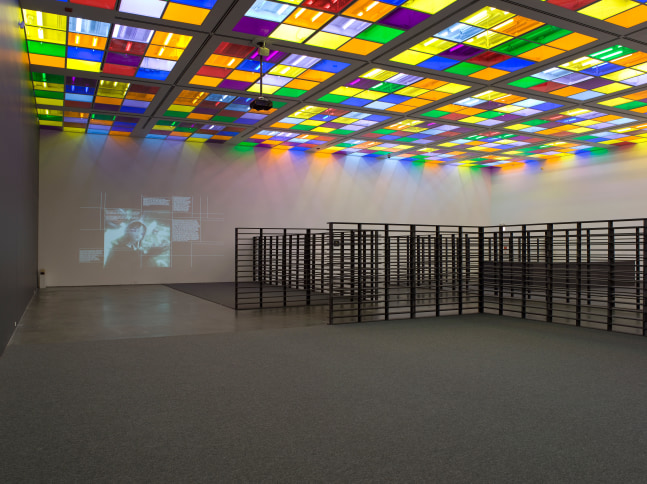 Installation view of sculptures and light installations by Liam Gillick