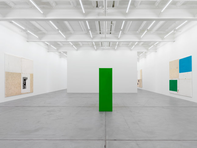 Installation view of Joe Bradley painting and sculpture exhibition