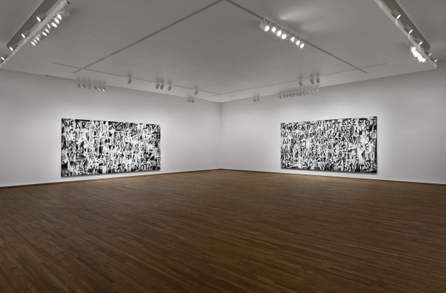 Installation view of black and white paintings by Adam Pendleton