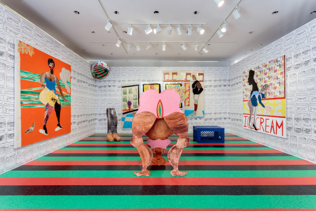 Installation view of paintings and sculptures by Tschabalala Self