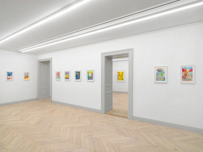 Installation view of Shara Hughes paintings and works on paper exhibition