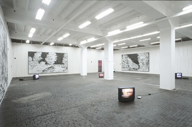 Installation view of paintings and video works by Ugo Rondinone