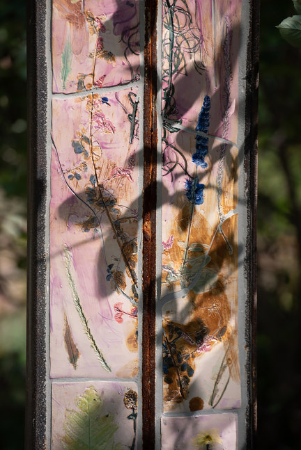 Installation view of outdoor sculptures by Sam Falls