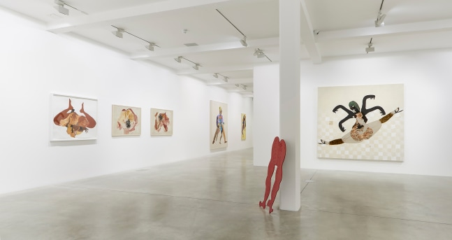 Installation view of paintings and sculptures by Tschabalala Self