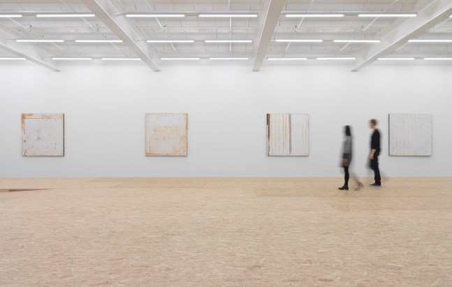 Installation view of Oscar Tuazon sculptures and floor installation exhibition