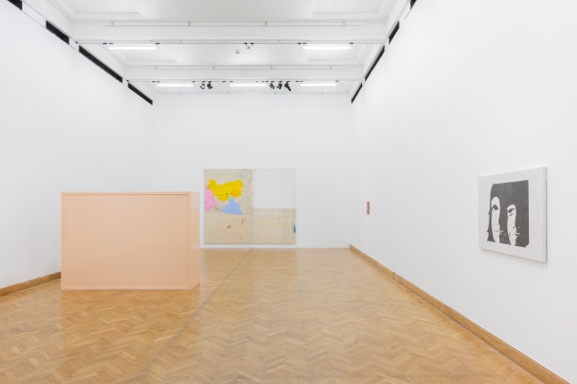 Installation view of paintings and sculptures by Joe Bradley