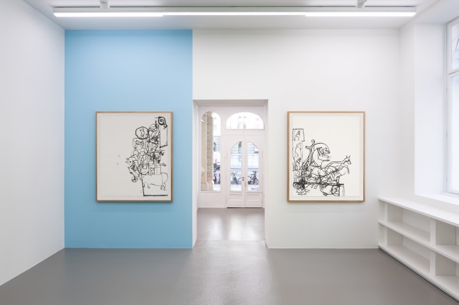 Installation view of paintings by Tobias Pils and wall paintings by Gerwald Rockenschaub