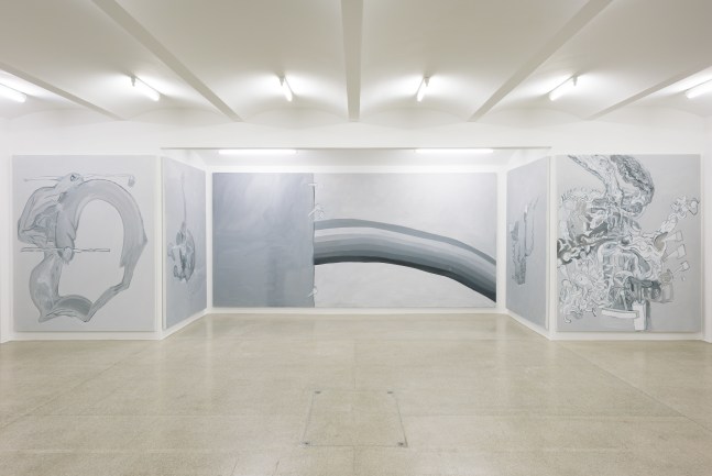 Installation view of paintings by Tobias Pils