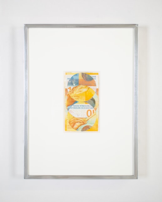 Blind Collage (Three 180&amp;deg; Rotations, Swiss National Bank Ten-Franc Note: Series 2017, Issued by Banque Nationale Suisse, Printed in Z&amp;uuml;rich, Switzerland by Orell F&amp;uuml;ssli Security Printing Ltd., Designed by Manuela Pfrunder GMBH, Serial No. 16R7373542, #2)
2021
Swiss National Bank ten-franc note, tape, and 22 karat gold leaf
Object 7 x 12.5 cm / 2 3/4 x 4 7/8 inches
Frame 24 x 32.5 cm / 9 1/2 x 12 7/8 inches
BESHT48260
