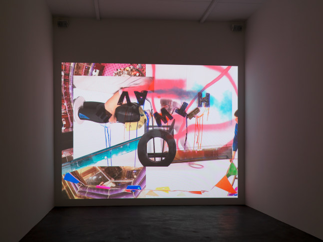 Installation view of Alex Hubbard sculptural paintings and film exhibition