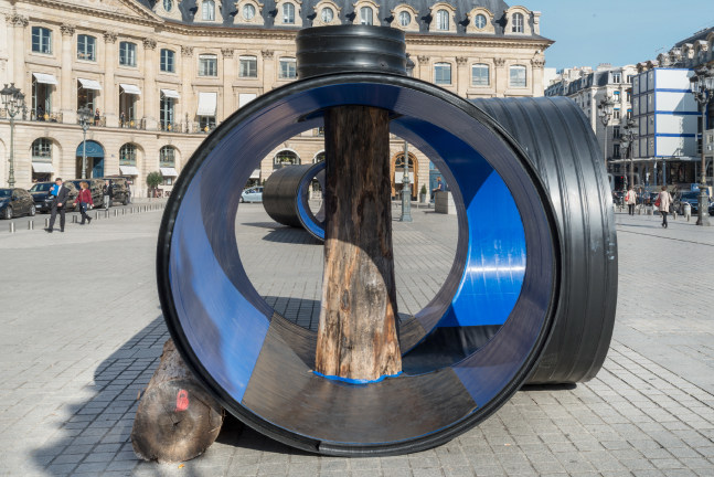 Installation view of sculpture by Oscar Tuazon