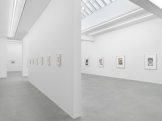 Installation view of Walead Beshty collage, photography, and sculpture exhibition