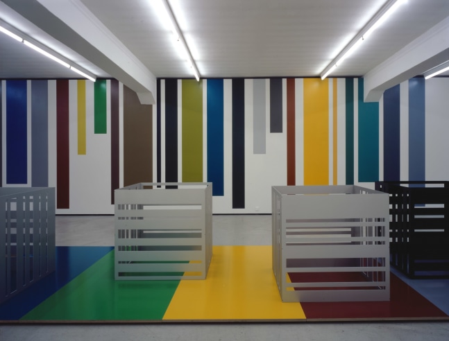 Installation view of Liam Gillick wall-based graphic work and sculpture exhibition