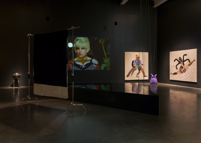 Installation view of paintings and sculptures by Tschabalala Self