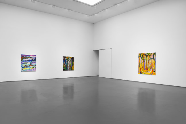 Installation view of paintings by Shara Hughes