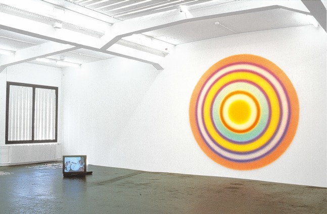 Installation view of paintings and sculptures by Ugo Rondinone