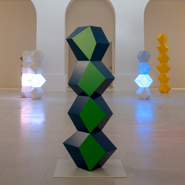 Installation view of sculptures and painting by Angela Bulloch