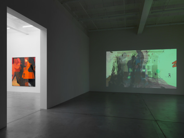 Installation view of Alex Hubbard paintings and film installation