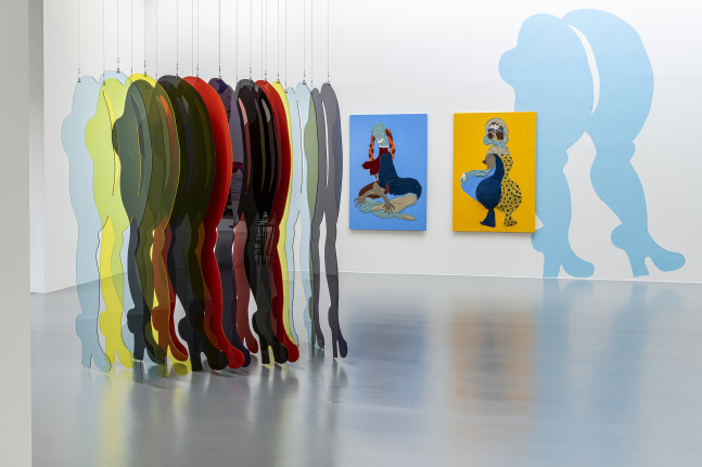 Installation view of paintings and sculptures by Tschabalala Self