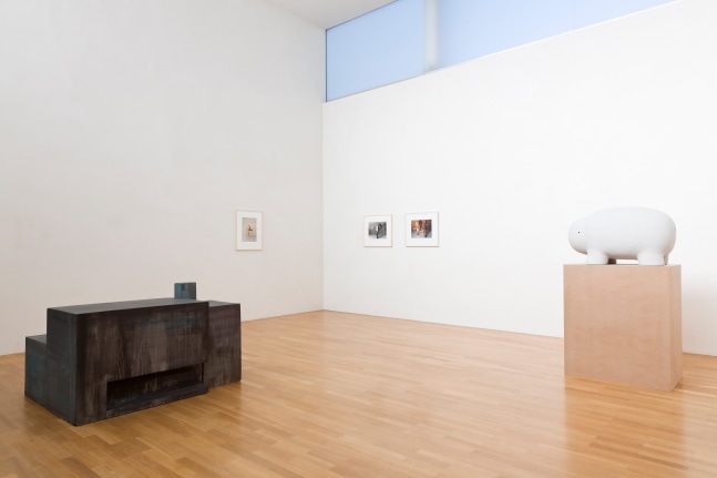 Installation view of sculptures and photographs by Peter Fischli and David Weiss