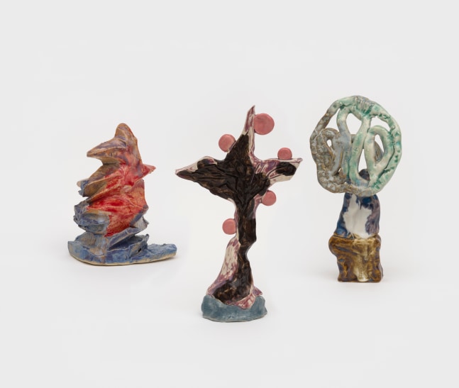 Tree Farm Group 8

2024

Glazed and painted ceramics; 3 parts

Object A 16 x 8 x 5 cm / 6 1/4 x 3 1/8 x 2 in

Object B 23 x 8 x 4 cm / 9 x 3 1/8 x 1 5/8 in

Object C 20 x 6 x 4 cm / 7 7/8 x 2 3/8 x 1 5/8 in

&amp;copy; Shara Hughes