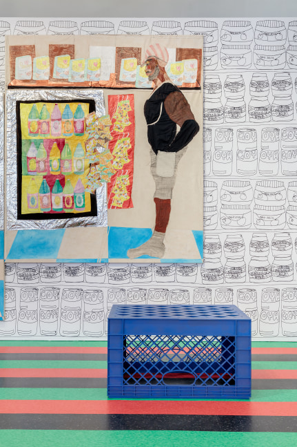 Installation view of paintings and sculptures by Tschabalala Self