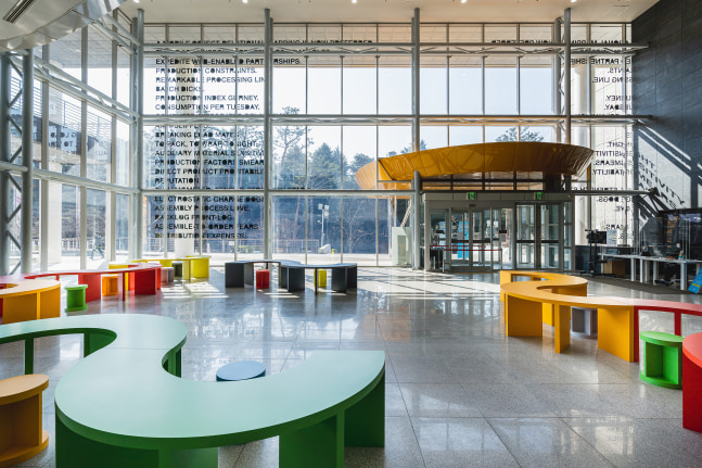 Installation view of sculptures by Liam Gillick