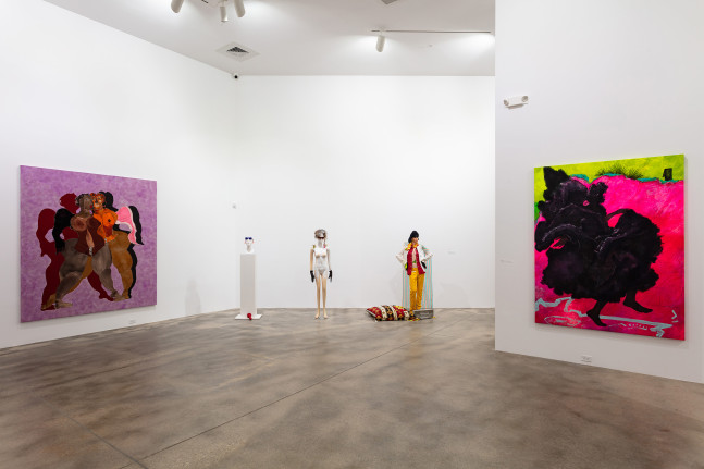 Installation view of paintings by Tschabalala Self