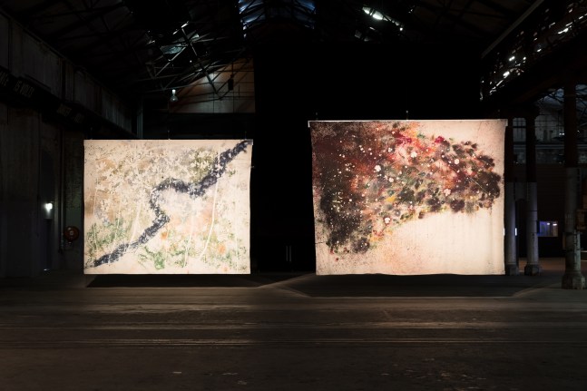 Installation view of paintings by Sam Falls