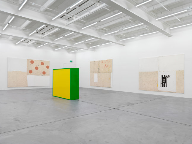 Installation view of Joe Bradley painting and sculpture exhibition