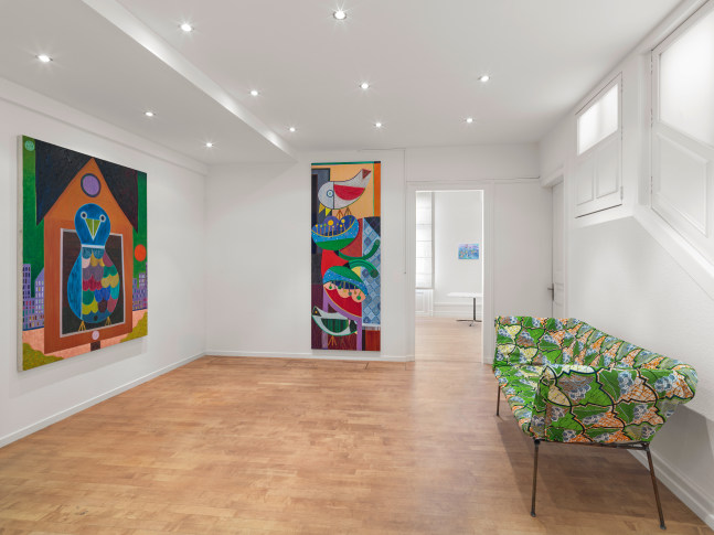 Installation view, Joe Bradley, Austin Eddy, Karen Kilimnik, Ugo Rondinone, Josh Smith, Franz West, Galerie Eva Presenhuber, Troisi&amp;egrave;me &amp;Eacute;tage, Waldmannstrasse, Zurich, 2025