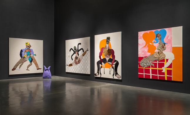 Installation view of paintings and sculptures by Tschabalala Self