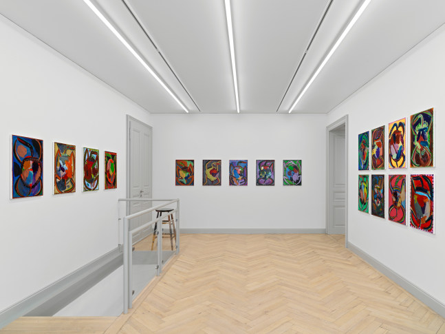 Installation view of Josh Smith paintings, monotypes, and ceramics exhibition