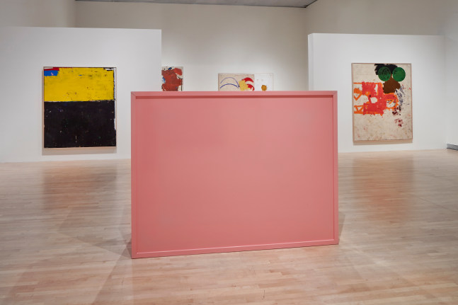 Installation view of paintings and sculptures by Joe Bradley