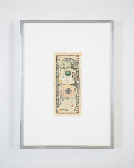 Blind Collage (Three 180&amp;deg; Rotations, United States Federal Reserve Ten-Dollar Note: Series 2017, Issued by Federal Reserve Bank of Minneapolis, Minnesota, Printed in Washington, District of Columbia, Plate Position G1, Front Plate No. 20, Back Plate No. 40, Serial No. PI01278173A, #2)
2021
United States Federal Reserve ten-dollar bill, tape, and 22 karat gold leaf
Object 6.5 x 15.5 cm / 2 5/8 x 6 1/8 inches
Frame 24 x 32.5 cm / 9 1/2 x 12 7/8 inches
BESHT48256