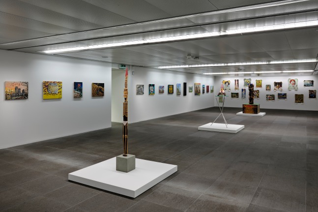 Installation view of paintings and sculptures by Jean-Frédéric Schnyder