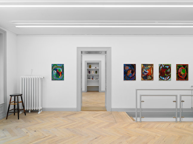 Installation view of Josh Smith paintings, monotypes, and ceramics exhibition