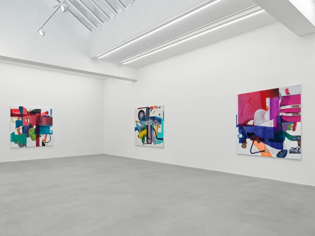 Installation view of paintings and video by Alex Hubbard